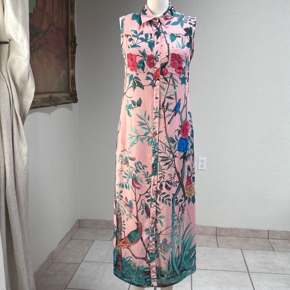 Floral Bird Print Maxi Shirt Dress Embroidered Back Anthropologie Style PS